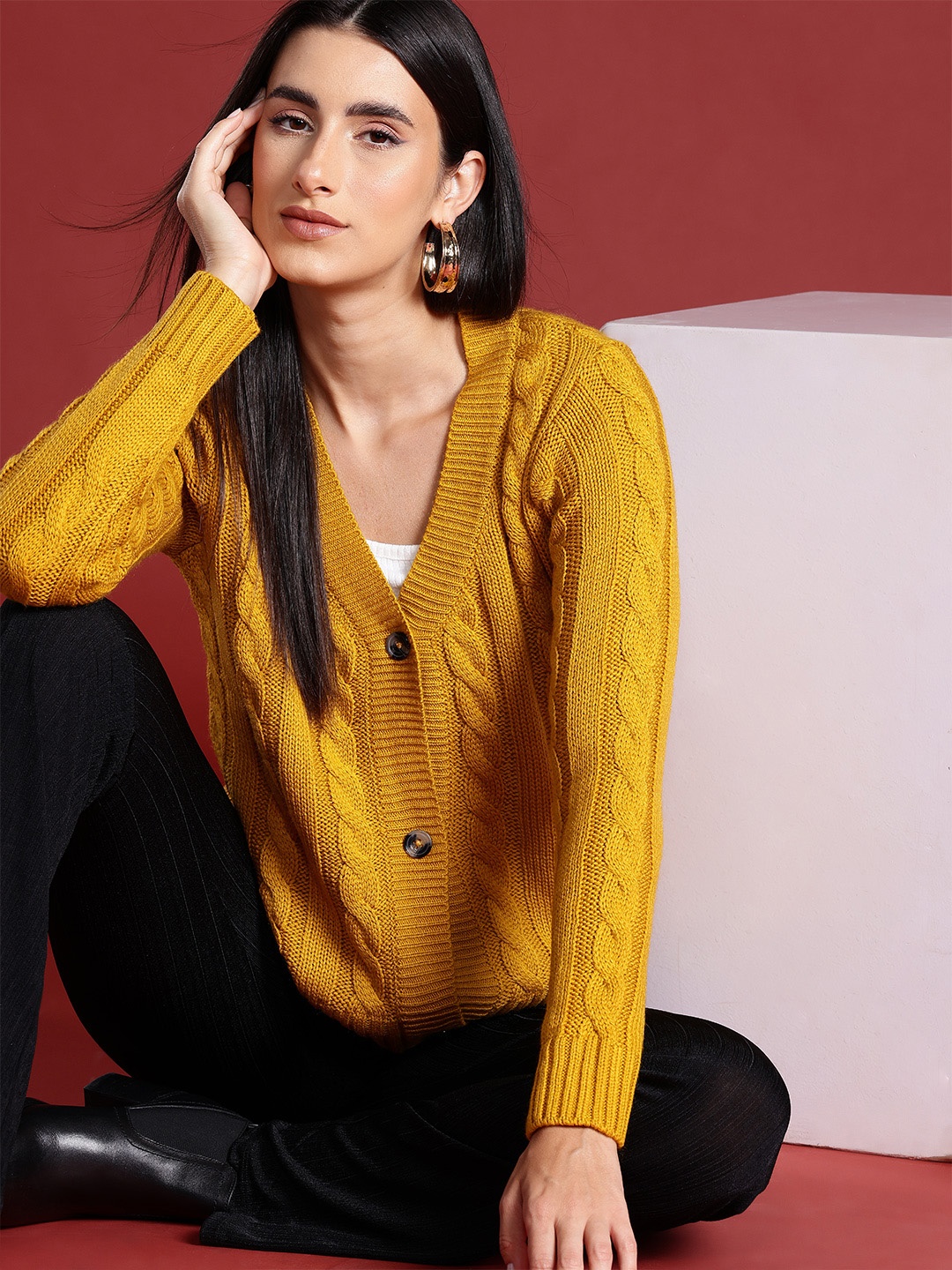 

all about you Women Mustard Cable Knit Cardigan