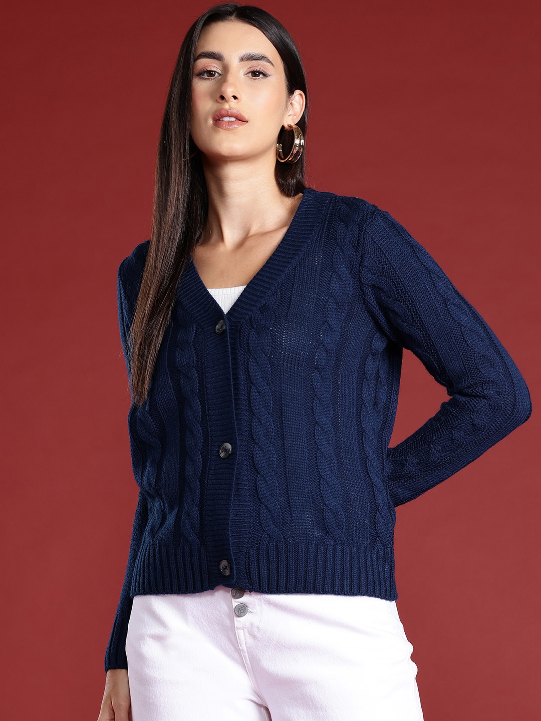

all about you Women Navy Blue Cable Knit Cardigan