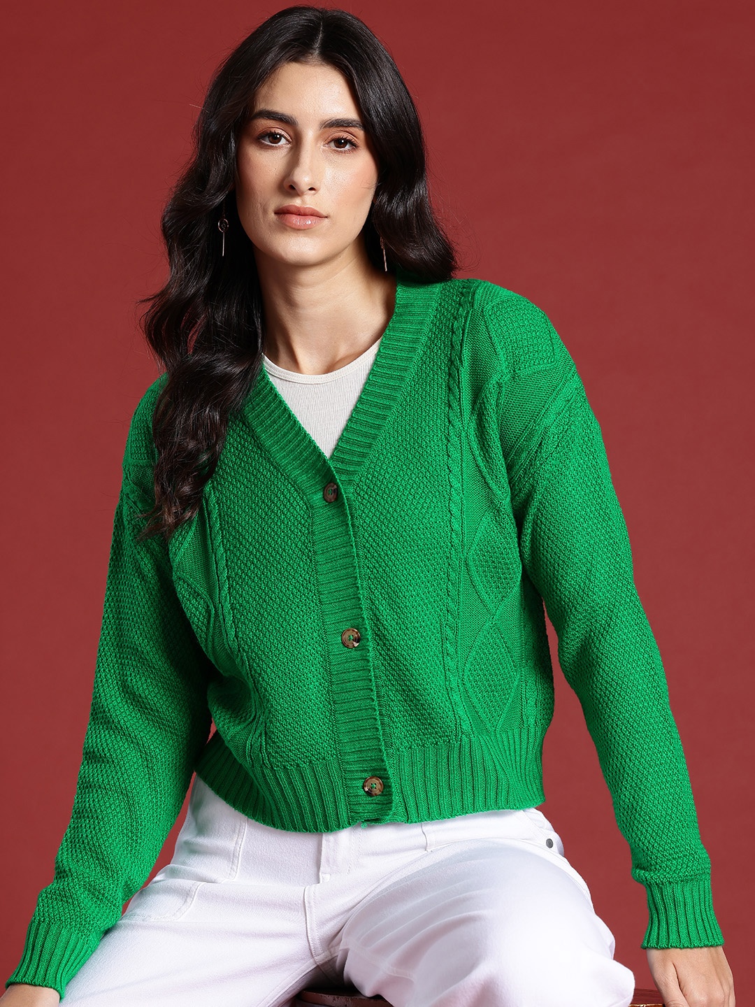 

all about you Cable Knit Cardigan, Green