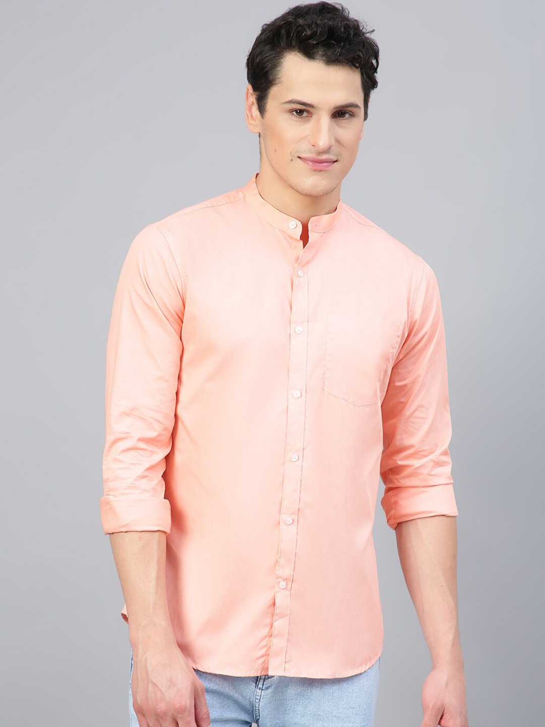 

FTX Standard Band Collar Opaque Cotton Casual Shirt, Peach