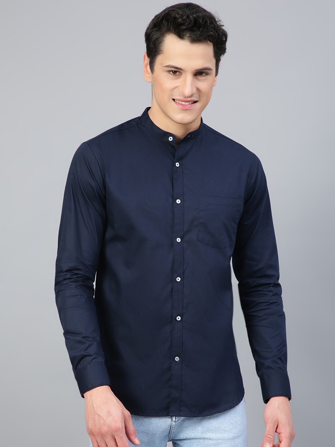 

FTX Standard Band Collar Opaque Cotton Casual Shirt, Navy blue
