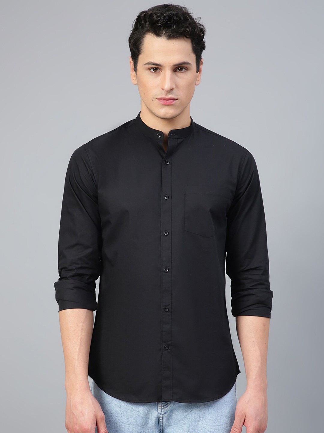 

FTX Standard Band Collar Opaque Cotton Casual Shirt, Black