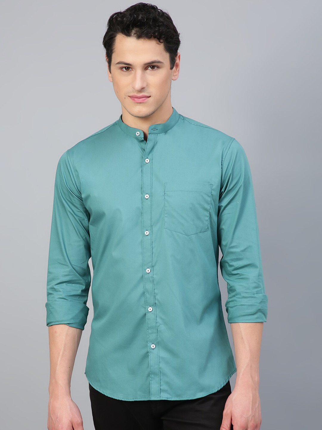 

FTX Standard Band Collar Opaque Cotton Casual Shirt, Green