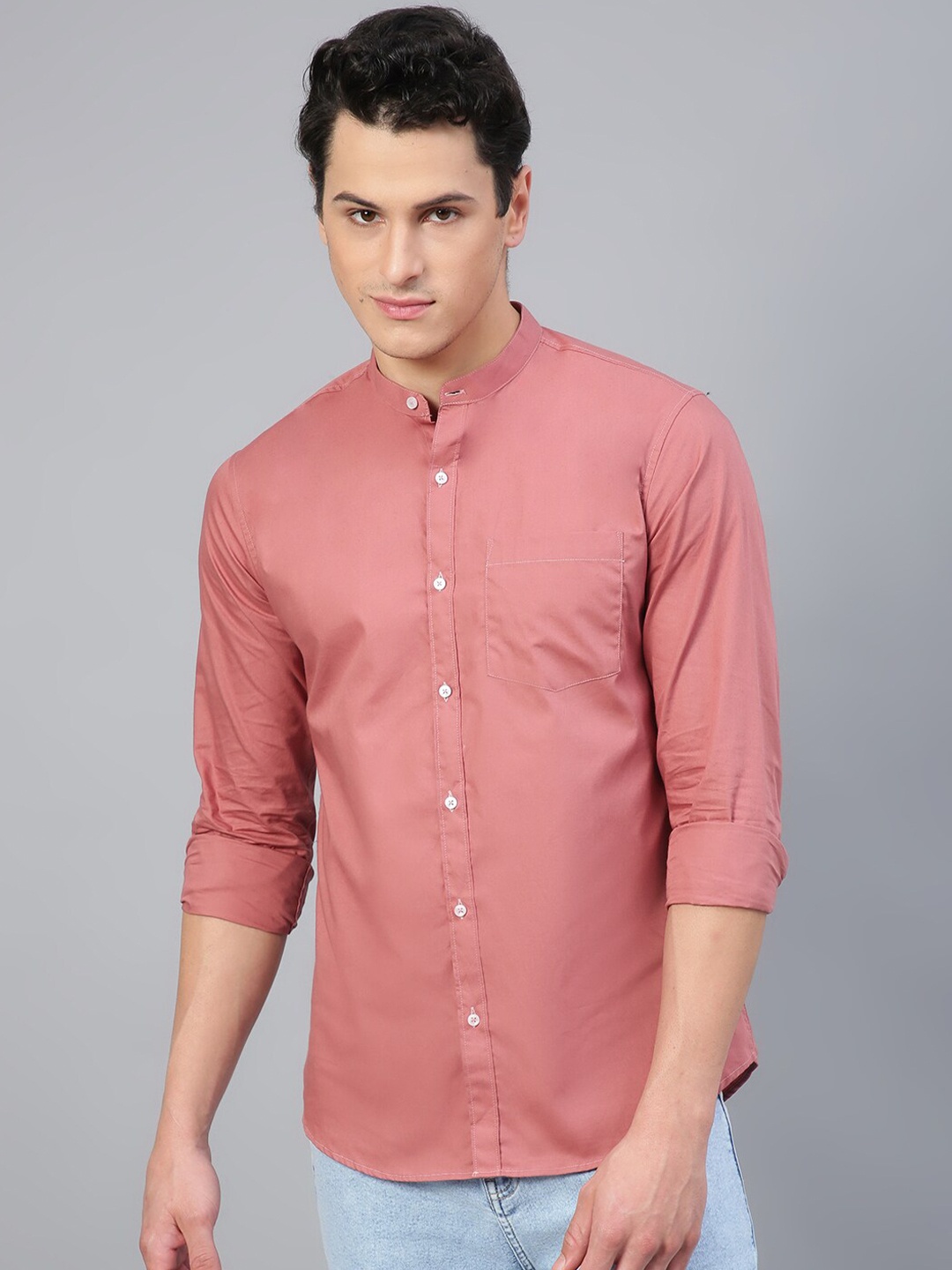 

FTX Standard Band Collar Opaque Cotton Casual Shirt, Coral