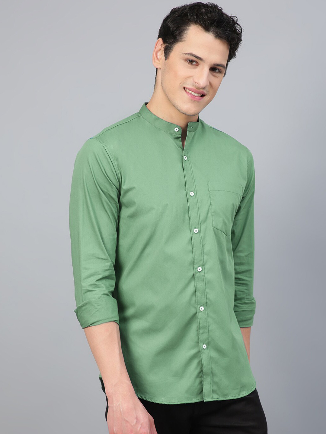 

FTX Standard Band Collar Opaque Cotton Casual Shirt, Green