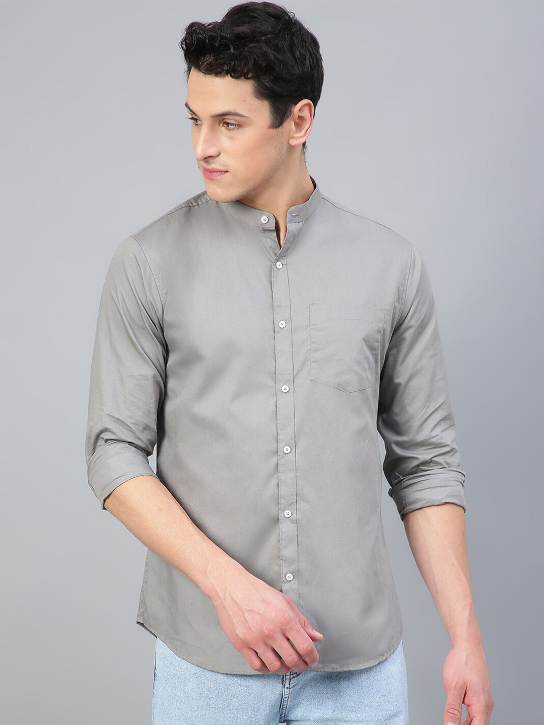 

FTX Standard Band Collar Opaque Cotton Casual Shirt, Grey