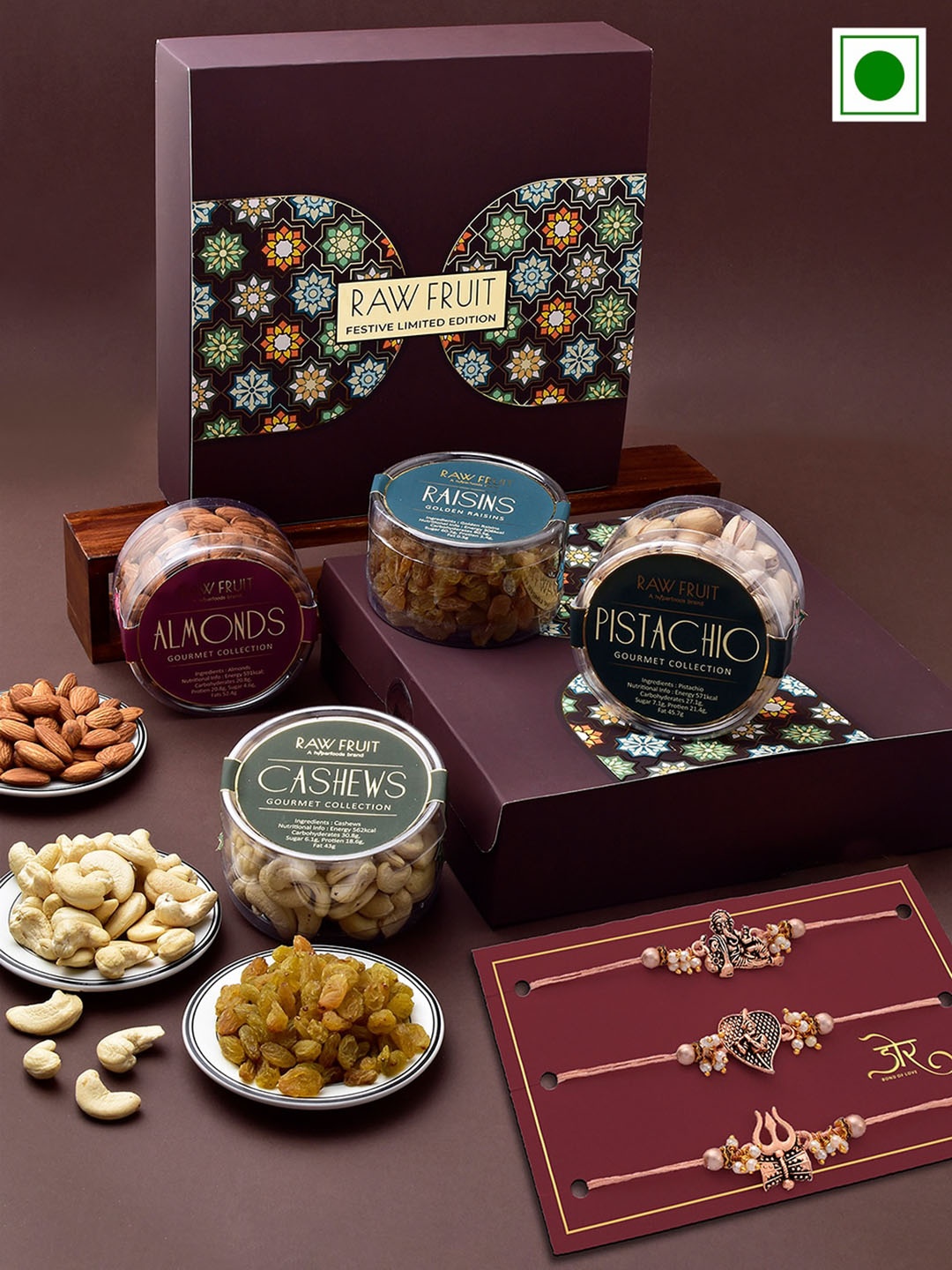 

RawFruit Set Of 3 Rakhis With Roli Chawal & DryFruits Gift Set, Rose gold