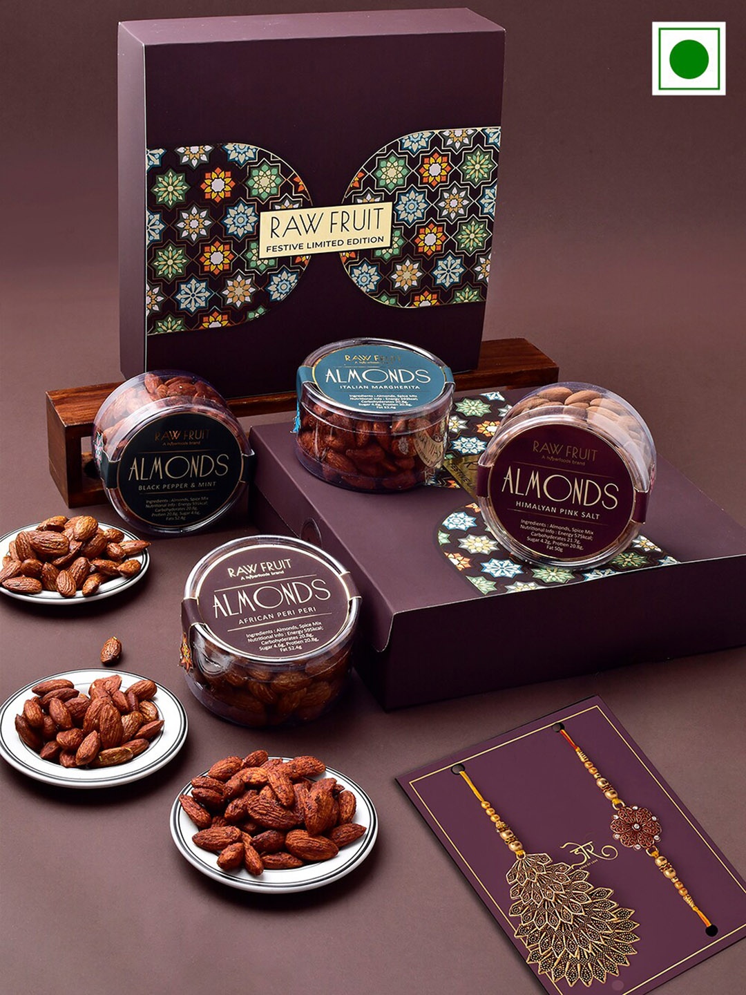 

RawFruit Set Of 2 Bhai Bhabhi Rakhi & Roasted Almond Nuts Gift Set, Gold