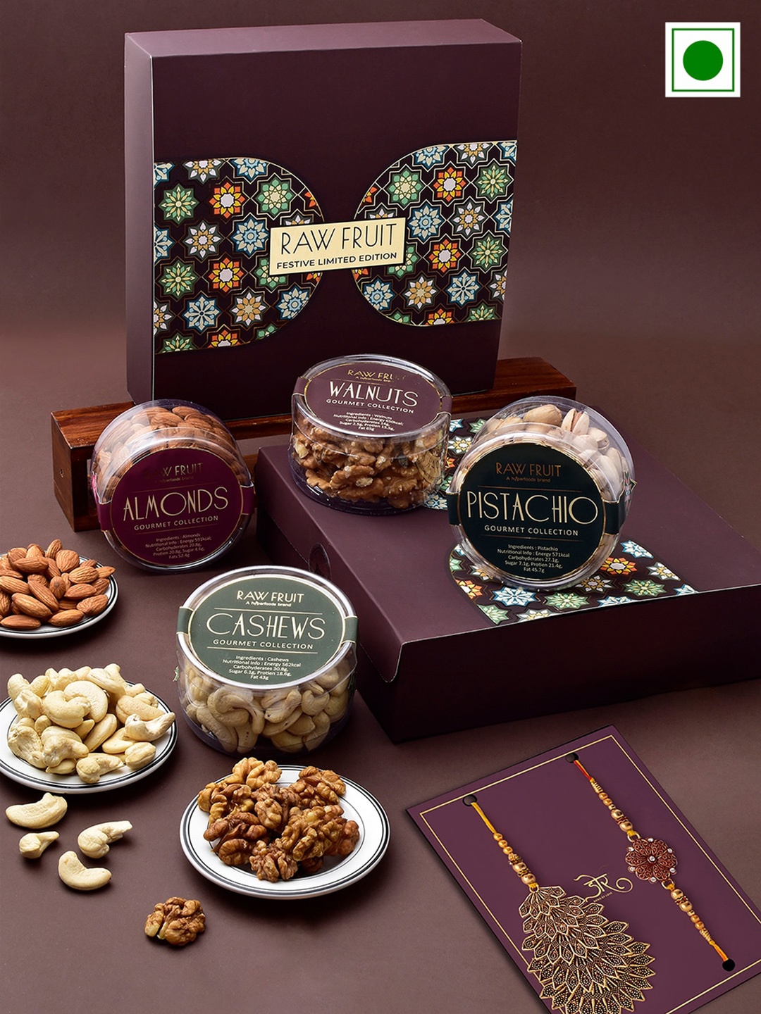 

RawFruit Set of 2 Stone-Studded & Beaded Bhai Bhabhi Rakhi & Dryfruits Gift Set, Gold