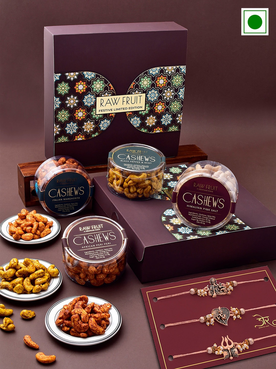 

RawFruit Set Of 3 Pearl Studded Rakhi & Roasted Cashew Gift Set, Rose gold