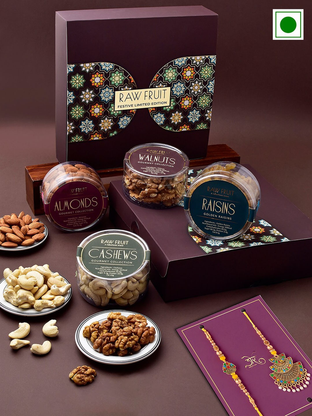 

RawFruit Set of 2 Stone-Studded & Beaded Bhai Bhabhi Rakhi & Dryfruits Gift Set, Gold