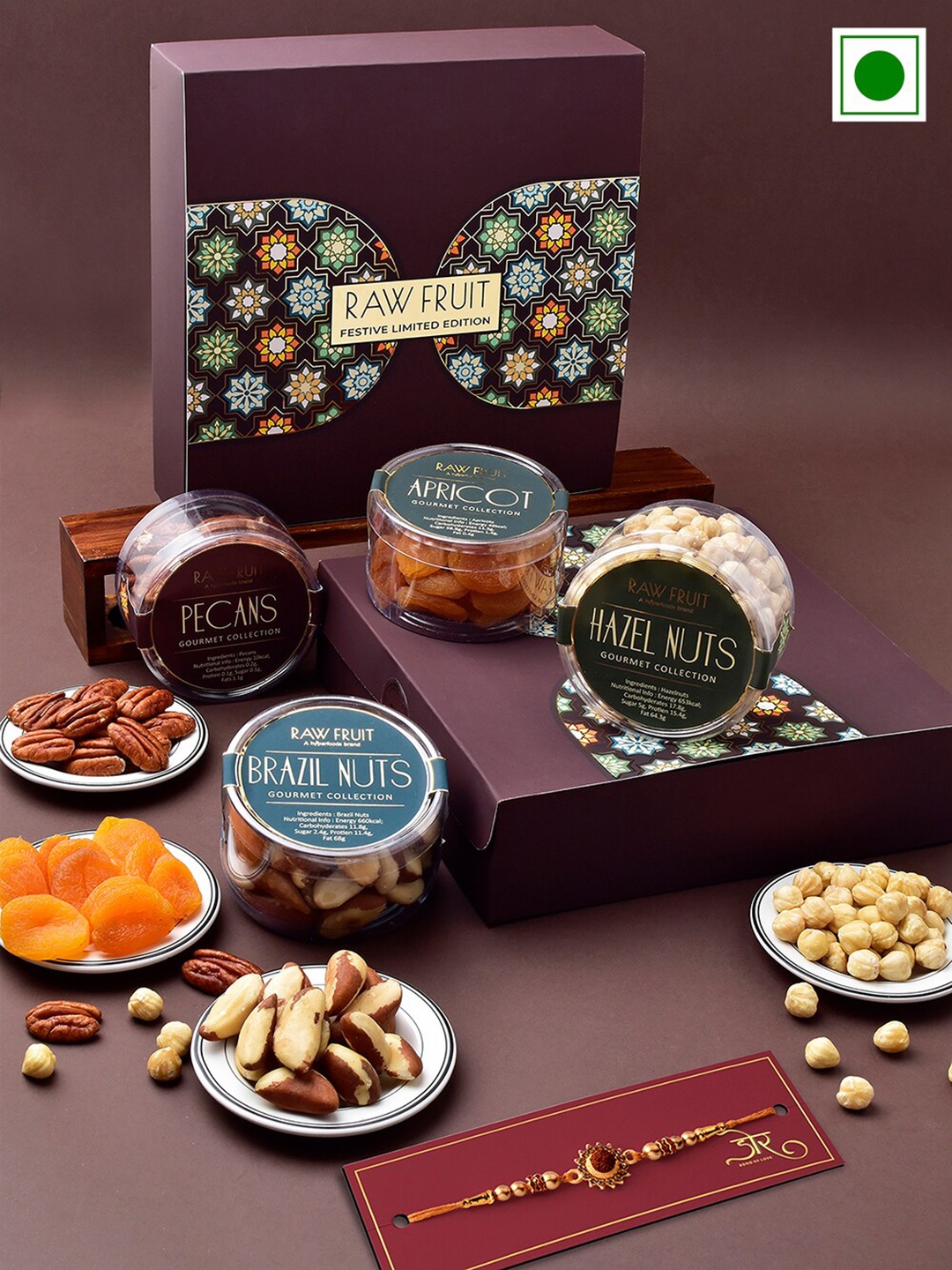 

RawFruit Rudraksha-Studded Rakhi With Assorted Gift Set, Gold