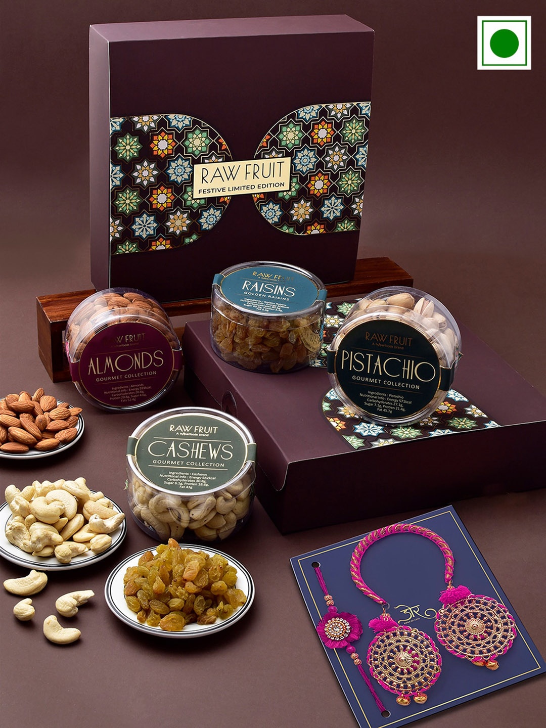 

RawFruit Set of 2 Round Charm Bhaiya Bhabhi Rakhi With Roli Chawal & Dryfruits Gift Set, Gold