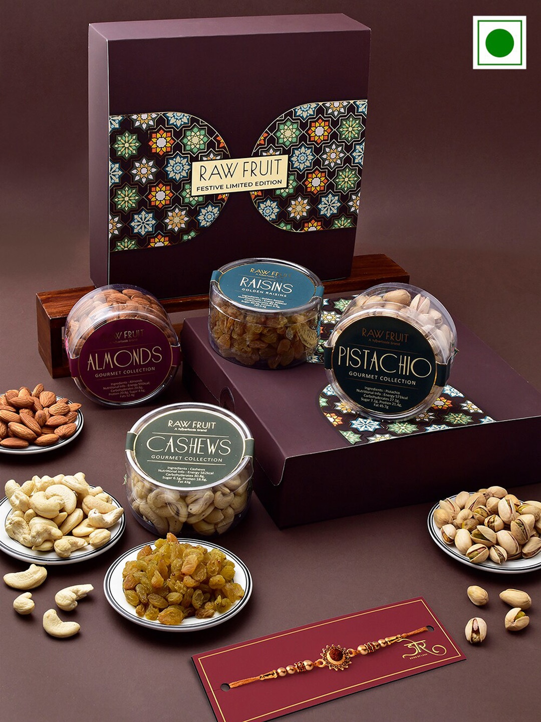 

RawFruit Rudraksh Beaded charm Rakhi with Dry Fruits Gift Set, Gold