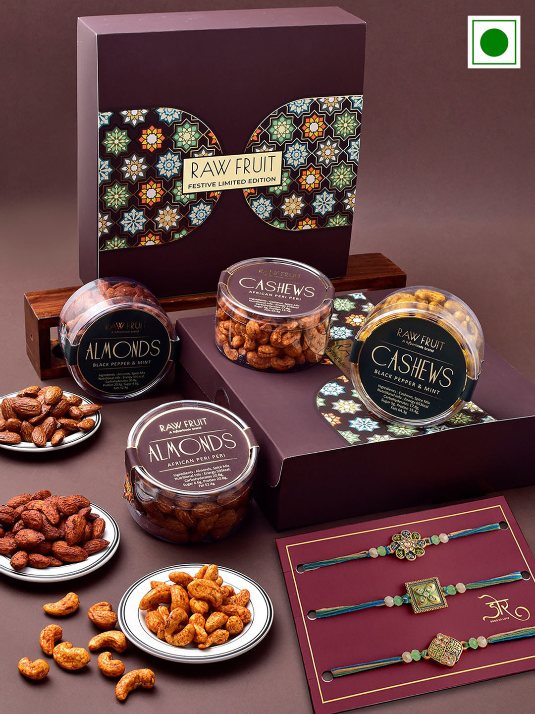 

RawFruit Set of 3 Stone Studded & Beaded Rakhis With Roli Chawal & Dryfruits Gift Set, Gold