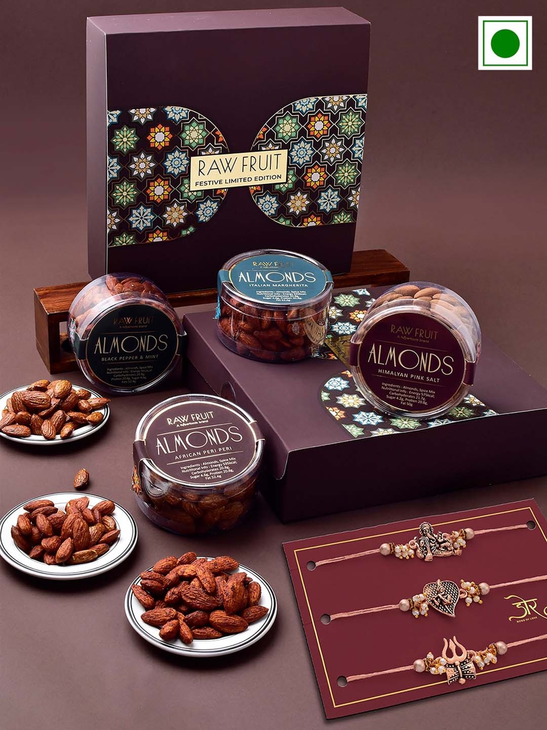 

RawFruit 4 Pc Roasted Almond & 3 Pcs Rakhi Gift Pack, Peach