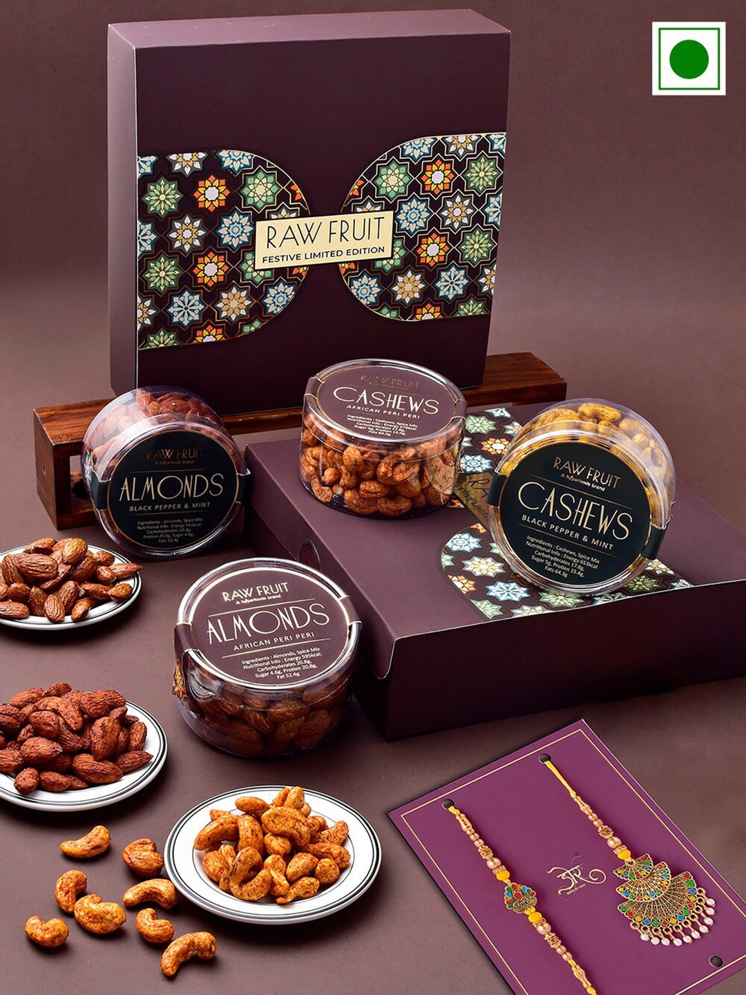 

RawFruit Set of 2 Stone-Studded & Beaded Bhai Bhabhi Rakhi & Crunchy Nuts Gift Set, Gold