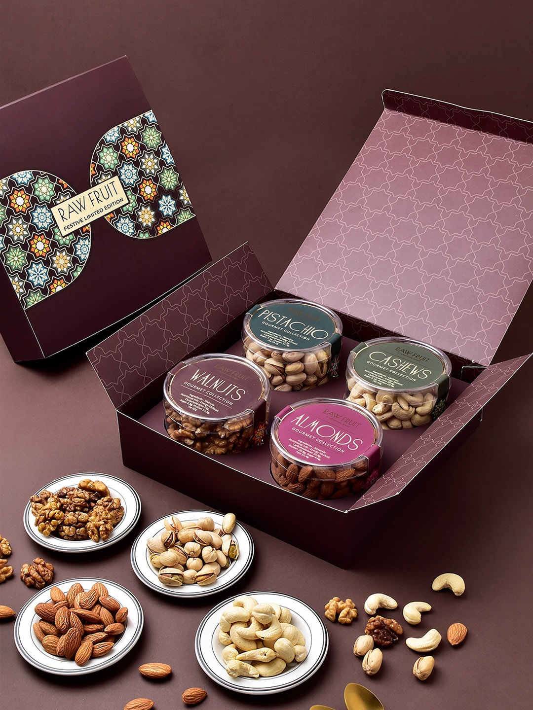 

RawFruit Set Of 3 Stone-studded and beaded Rakhi & Dryfruits Gift Set, Blue