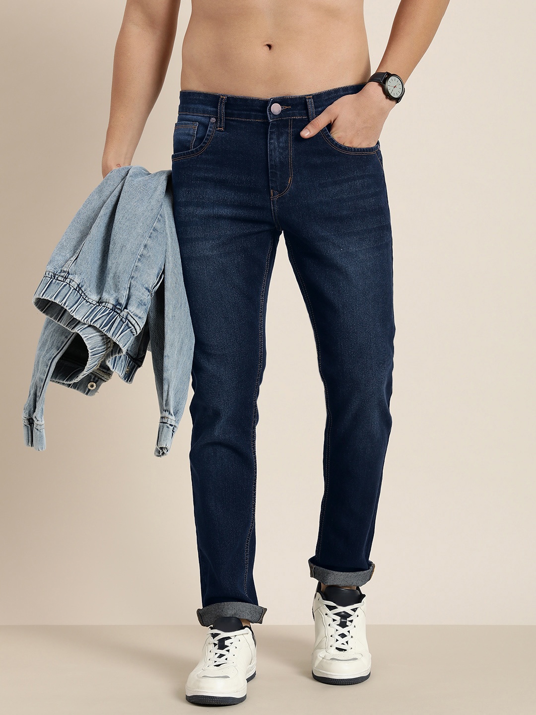 

HERE&NOW Men Smart Slim Fit Light Fade Stretchable Jeans, Blue