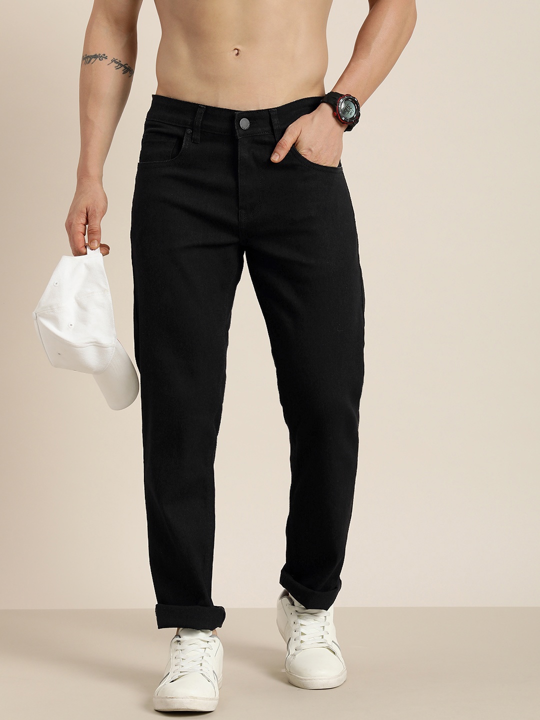 

HERE&NOW Men Smart Regular Fit Stretchable Jeans, Black