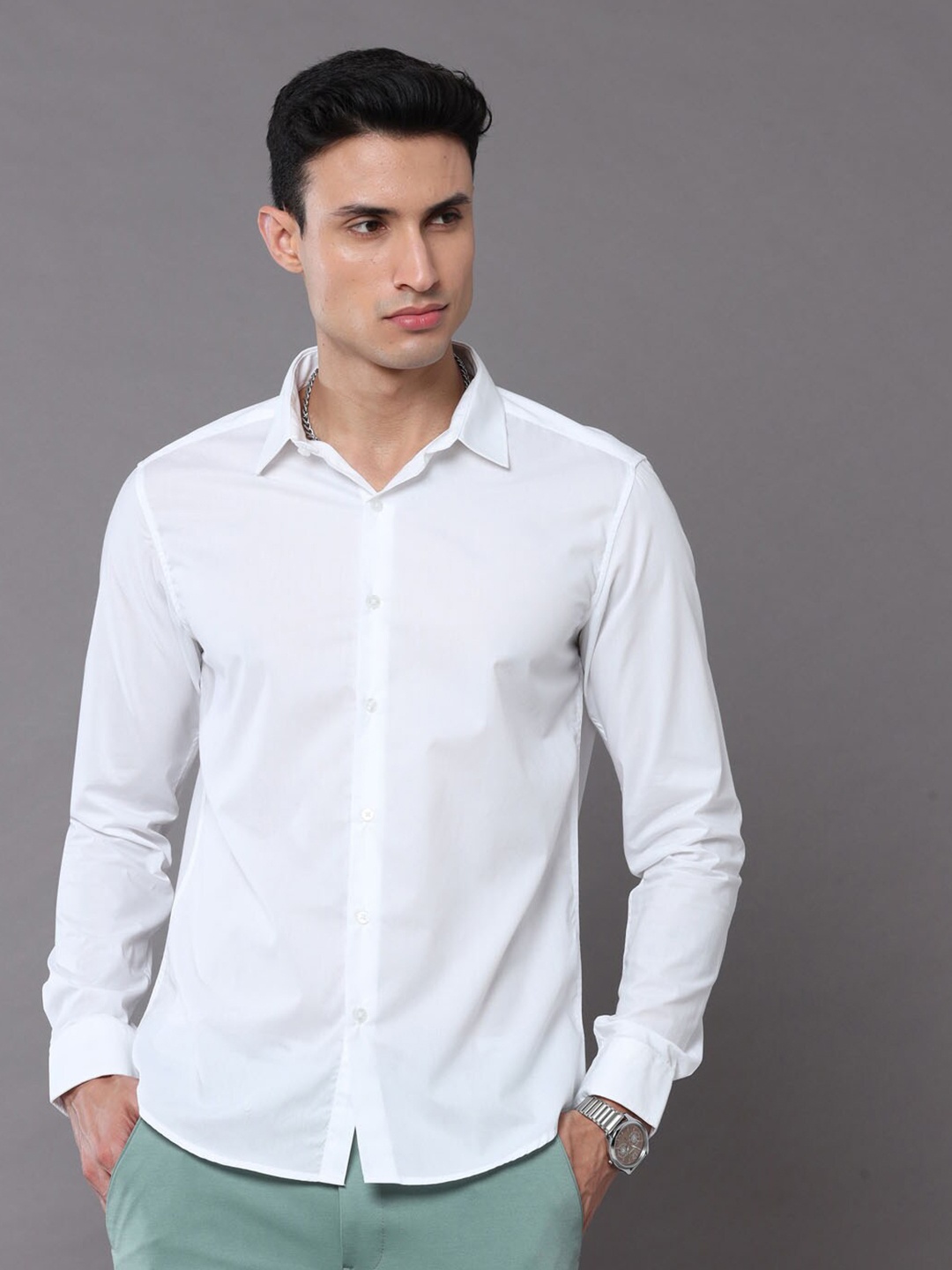 

Bushirt Men Classic Spread Collar Cotton Casual Shirt, White