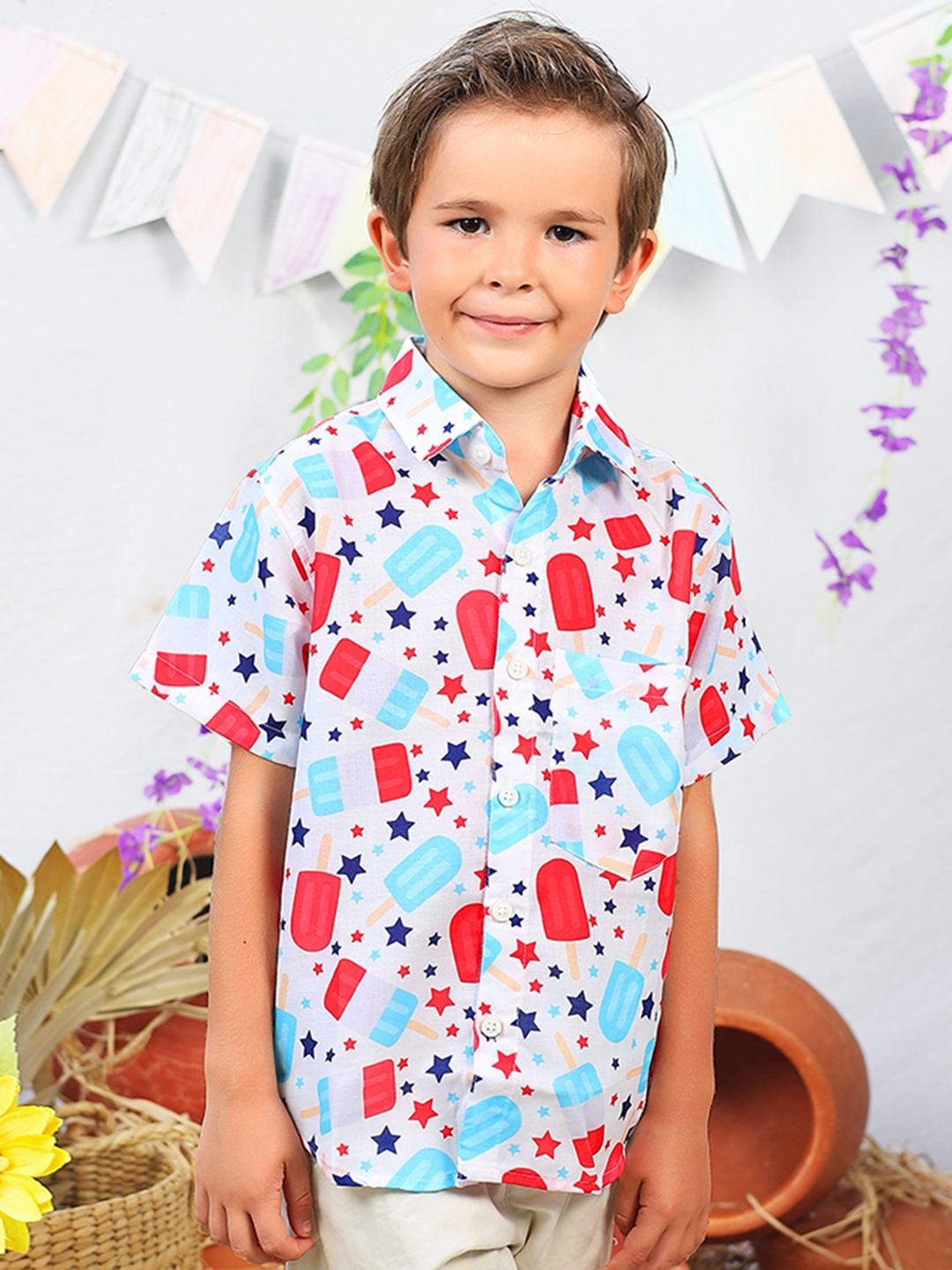 

Jilmil Boys Conversational Printed Spread Collar Cotton Casual Shirt, Blue