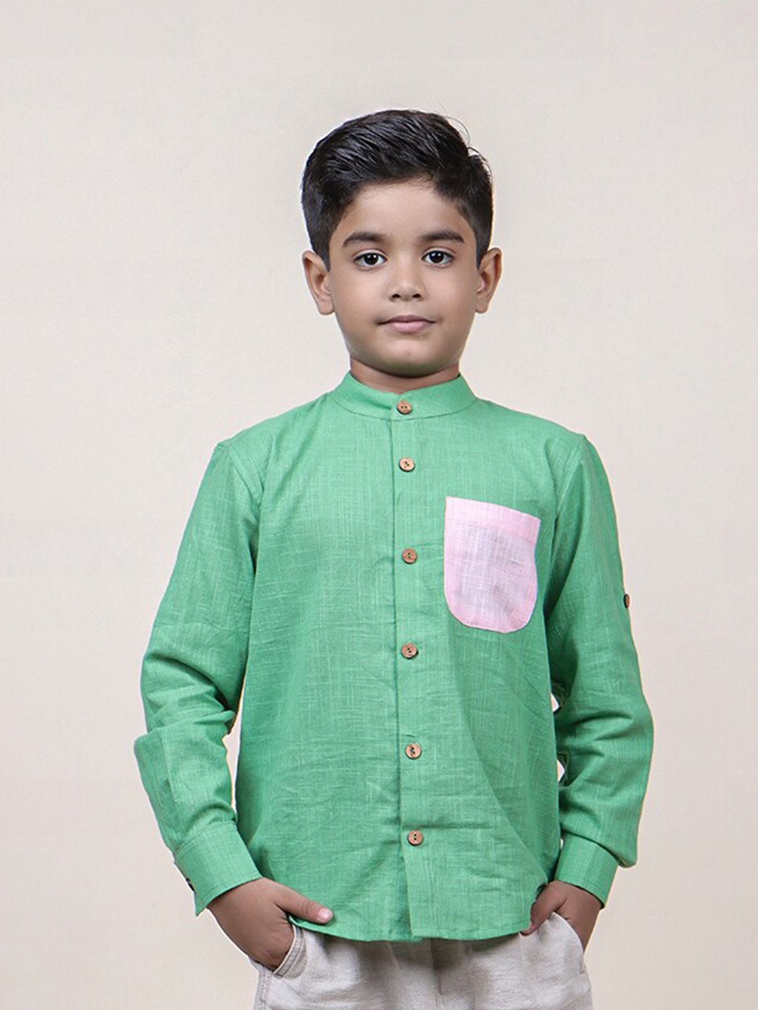 

Jilmil Boys Band Collar Long Sleeve Cotton Casual Shirt, Green