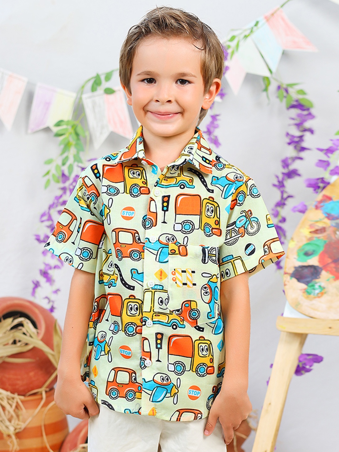 

Jilmil Boys Conversational Printed Spread Collar Cotton Casual Shirt, White