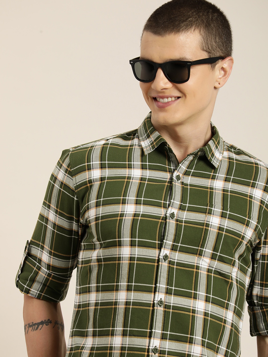 

HERE&NOW Men Slim Fit Tartan Checked Casual Shirt, Green