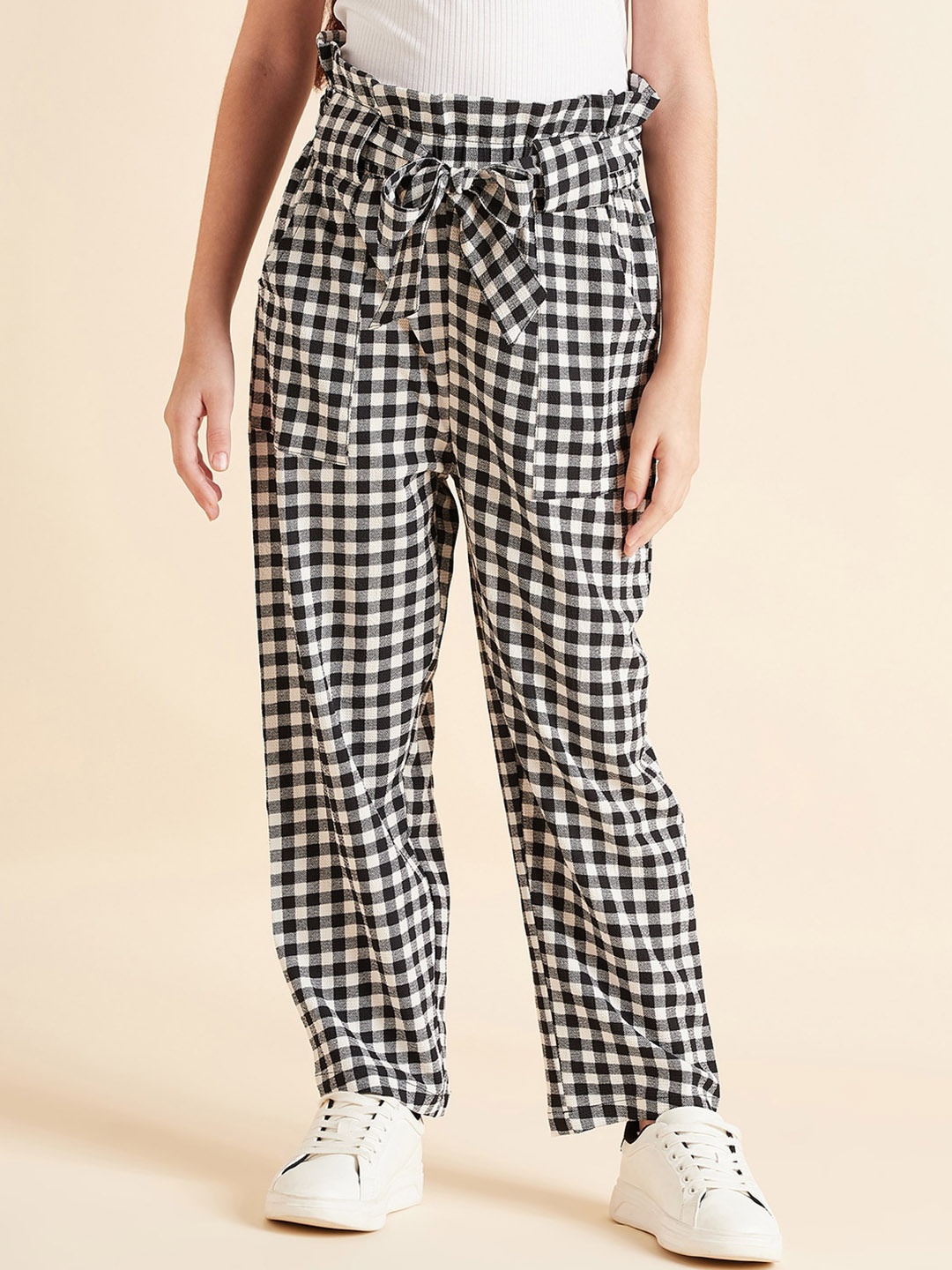 

Cherry & Jerry Girls Checked Relaxed High-Rise Trousers, Black