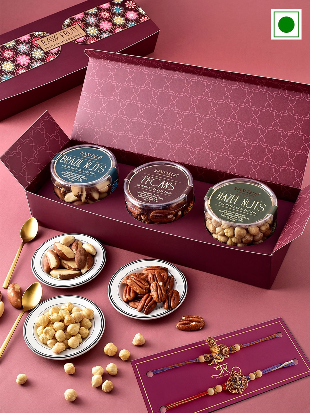 

RawFruit Set Of 2 Beaded Rakhis With Roli Chawal & Premium Dryfruit Gift Set-125 gms Each, Gold