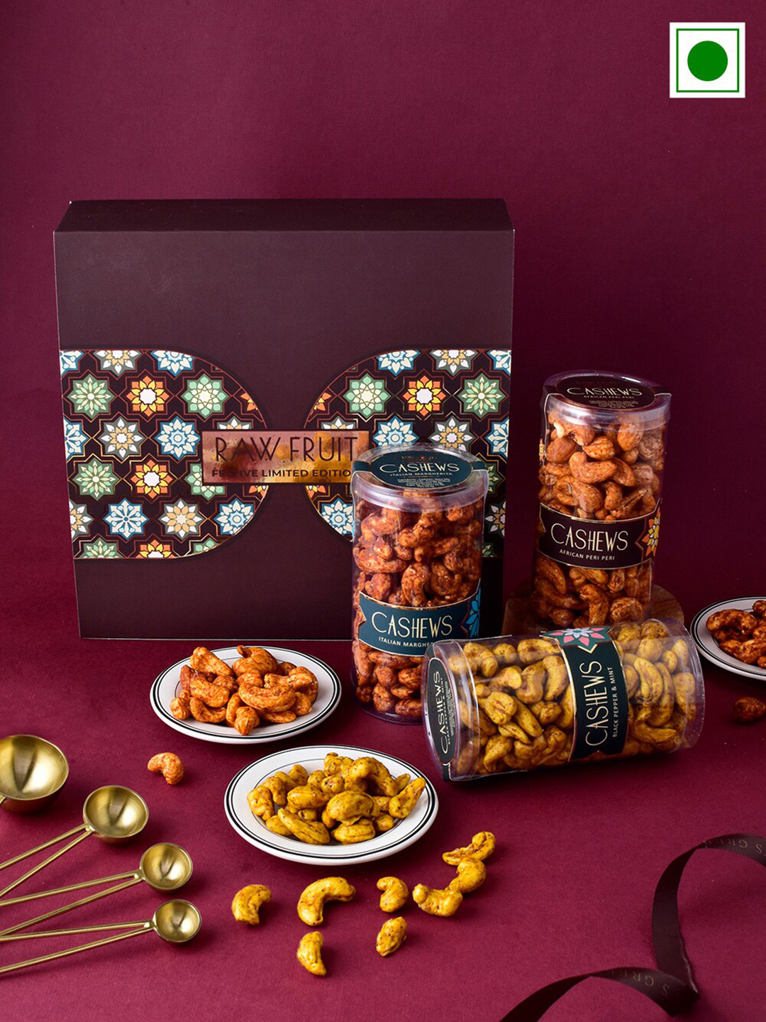 

RawFruit Set Of 6 Roasted Cashew & Bhai Bhabhi Rakhi Gift Pack-220gm each, Yellow