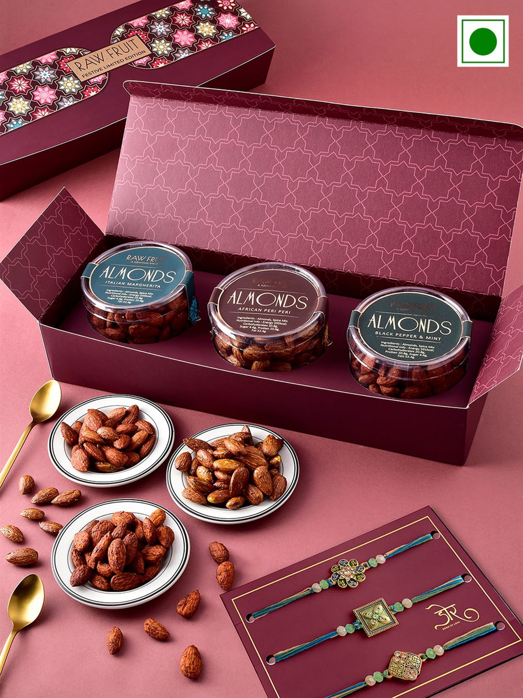 

RawFruit Set Of 3 Rakhis With Roli Chawal & Roasted Almond Gift Set 125 gms Each, Gold