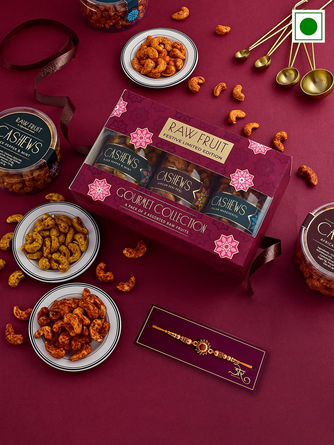 

RawFruit Beaded Rakhi with Roasted Nuts Gift Set 220g Each, Gold