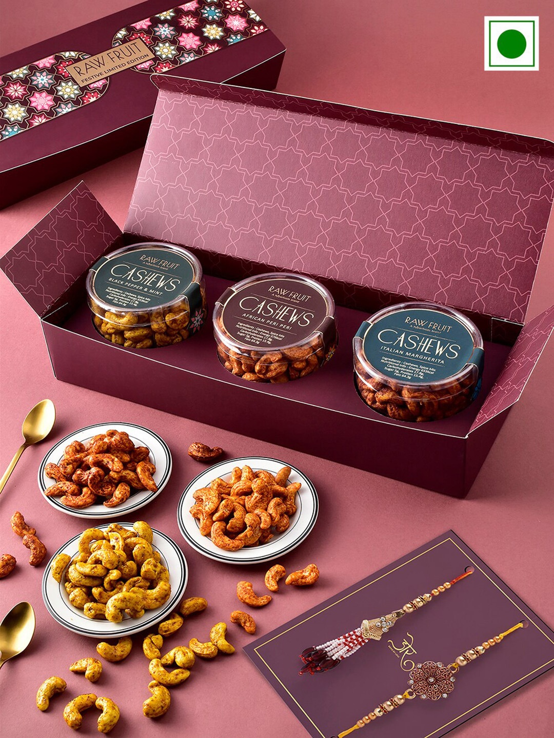 

RawFruit Set of 5 Stone-studded Bhaiya Bhabhi Rakhi & Roasted Cashew Gift Set 125 gms Each, Gold