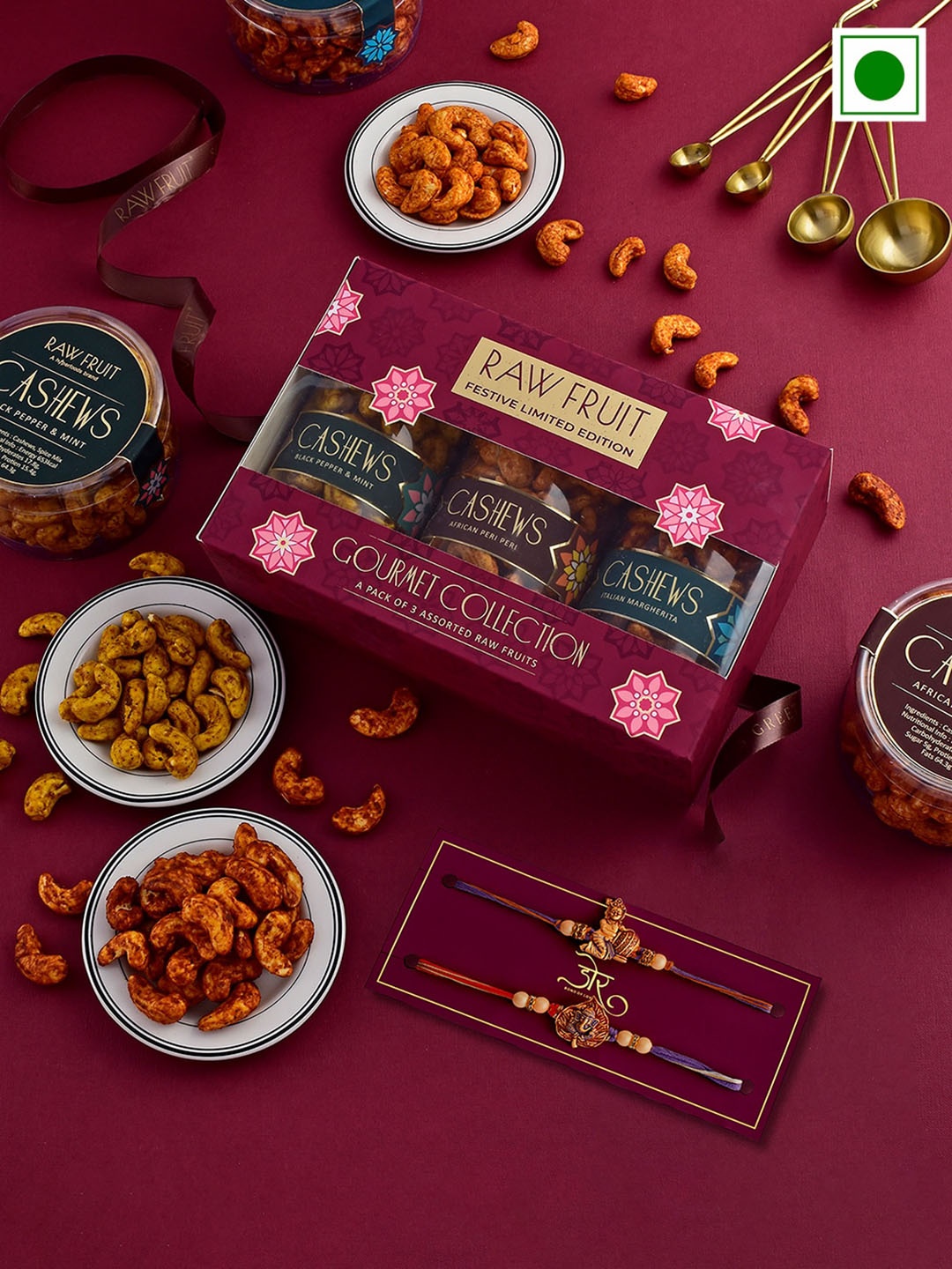 

RawFruit Set Of 5 Lord Krishna & Ganesha Rakhi With Roasted Cashew Gifts Set 220 gms Each, Gold