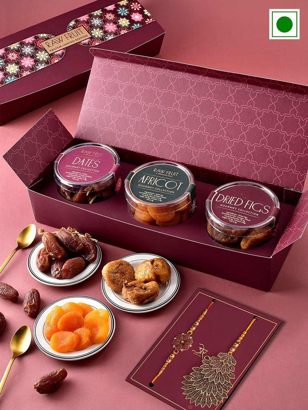 

RawFruit Set Of 5 Bhaiya Bhabhi Rakhi With Dryfruits Gift Set, Gold