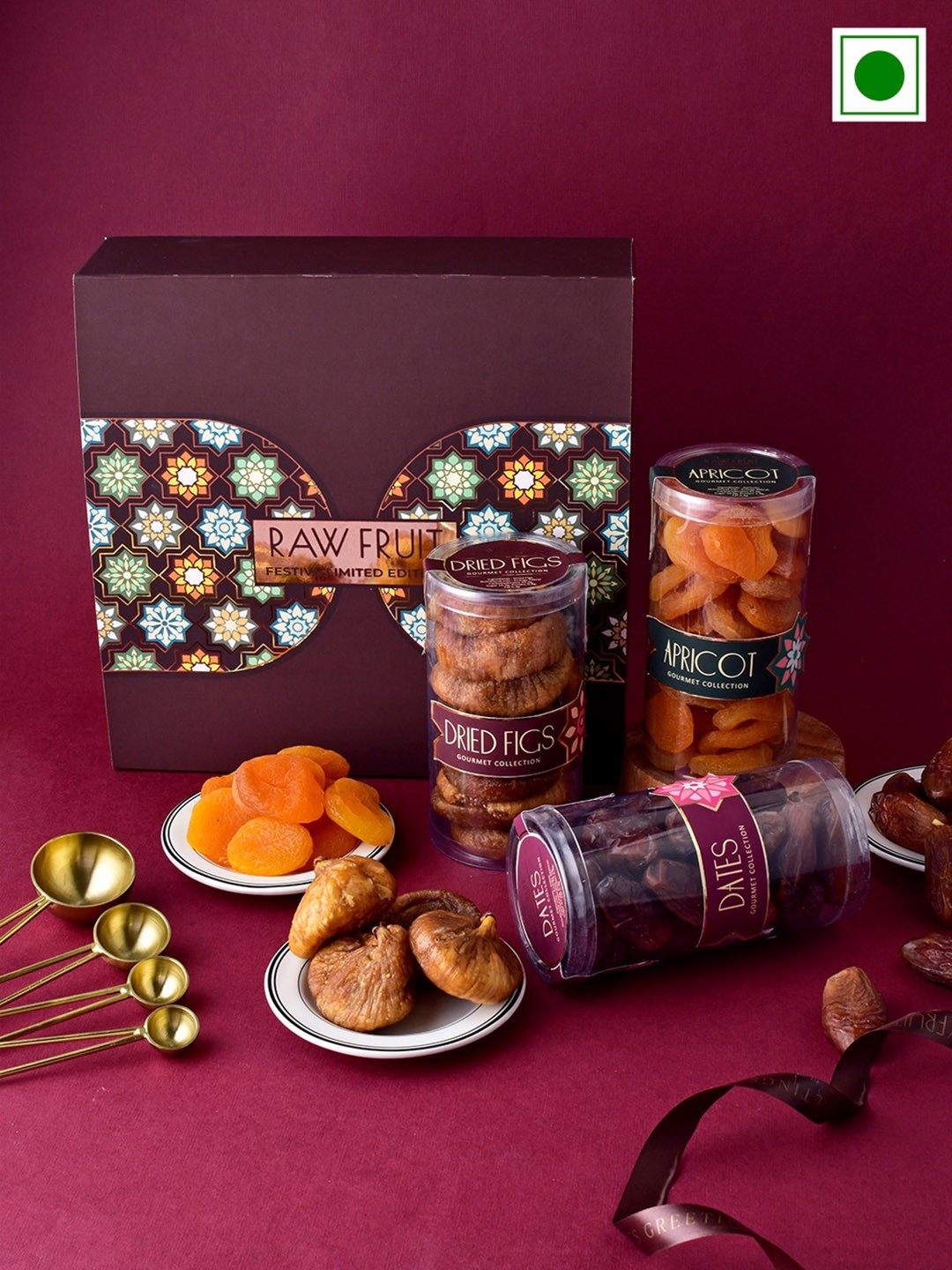 

RawFruit Set Of 2 Ganesh & Krishna Beaded Rakhi With Apricot Dates Figs 660g, Gold