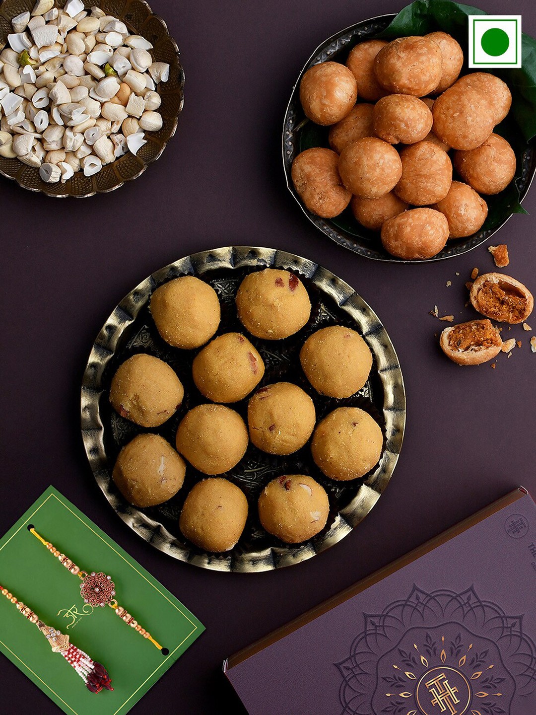 

RawFruit Set Of 2 Bhai Bhabhi Rakhis With Sweet Savoury Gift Get, Yellow
