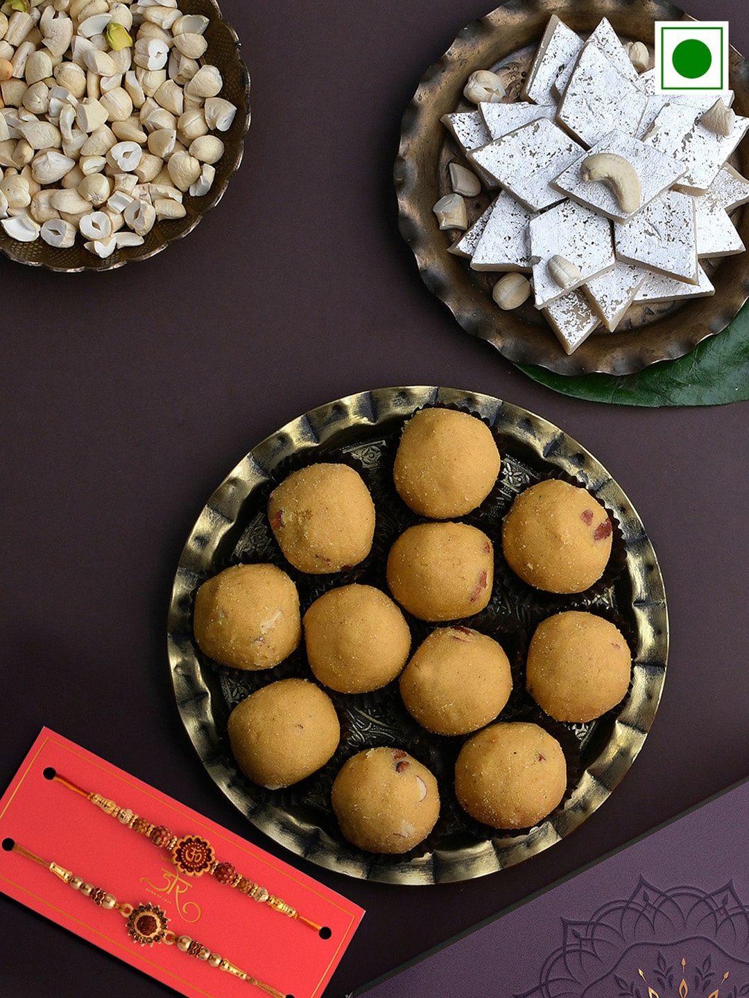 

RawFruit Set of 2 Charm Rakhis With Roli Chawal & Sweets-200 gms Each, Gold