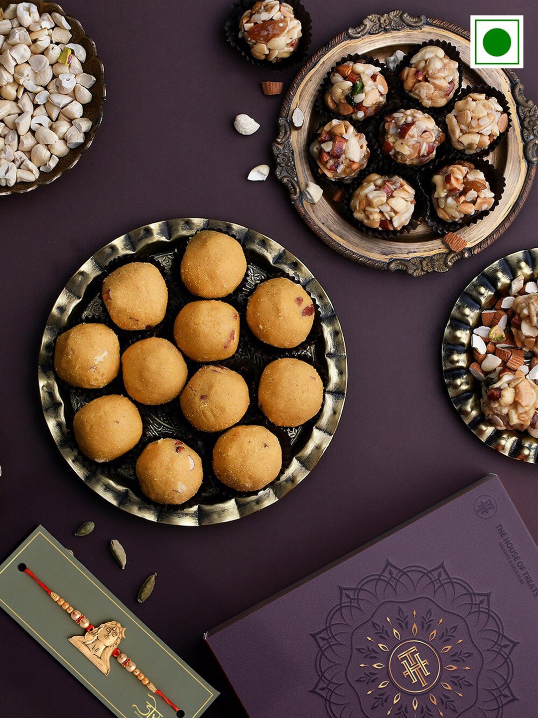 

RawFruit Shiva Charm Beaded Rakhi With Laddoo Bonanza Gift Set 200 gm Each, Gold