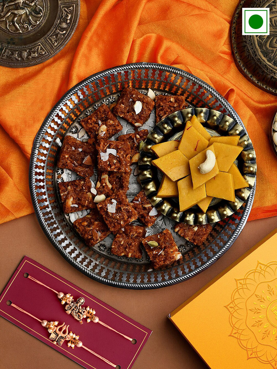 

RawFruit Set Of 2 Rakhi & Kesar Katli Dodha Barfi Gift Set, Beige