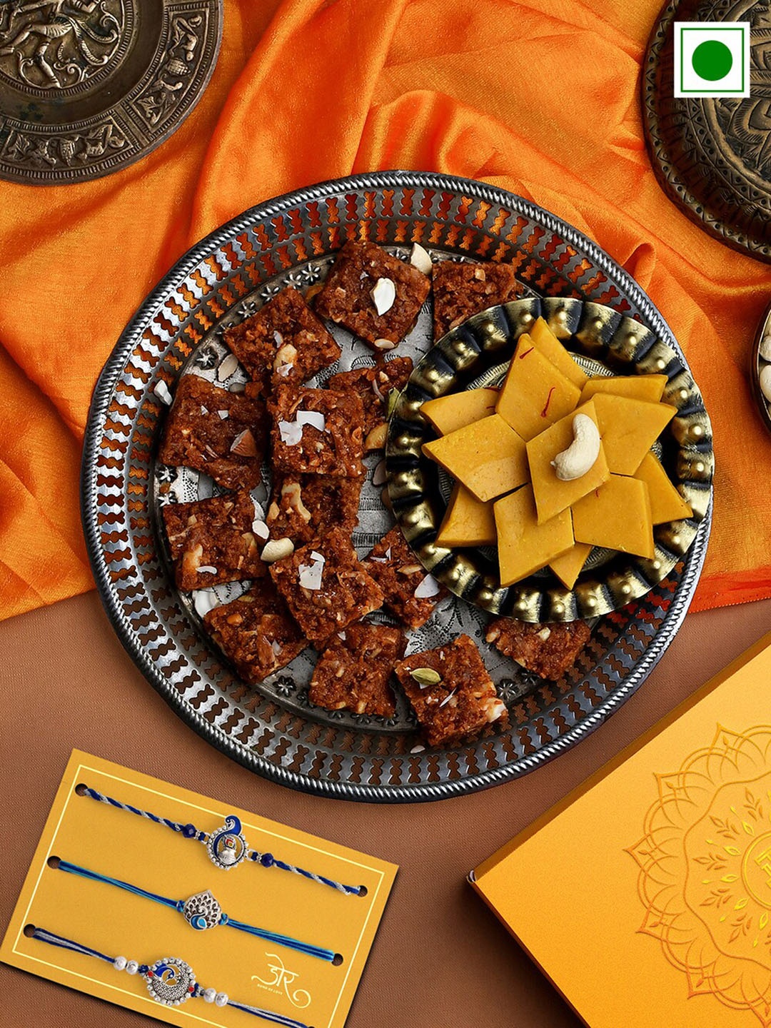 

RawFruit Set Of 3 Peacock Charm Rakhis With Roli Chawal & Kesar Katli Dodha Gift Set, Blue