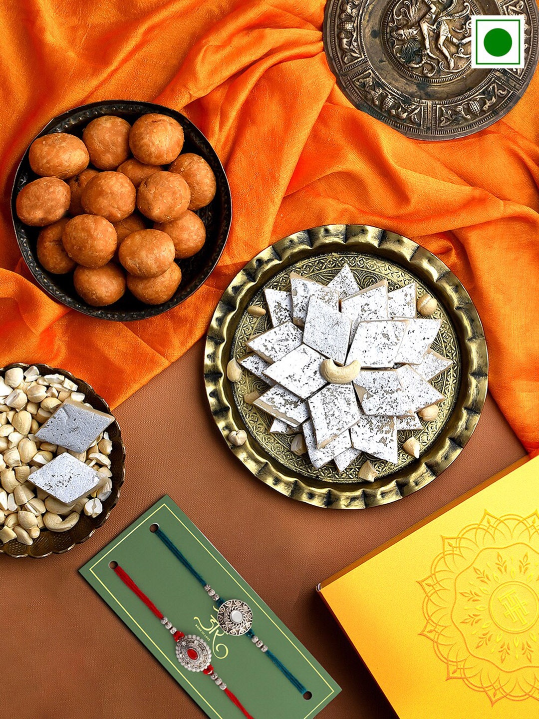 

RawFruit Set Of 2 Rakhis With Roli Chawal & Sweet Savoury Gift Set, Blue