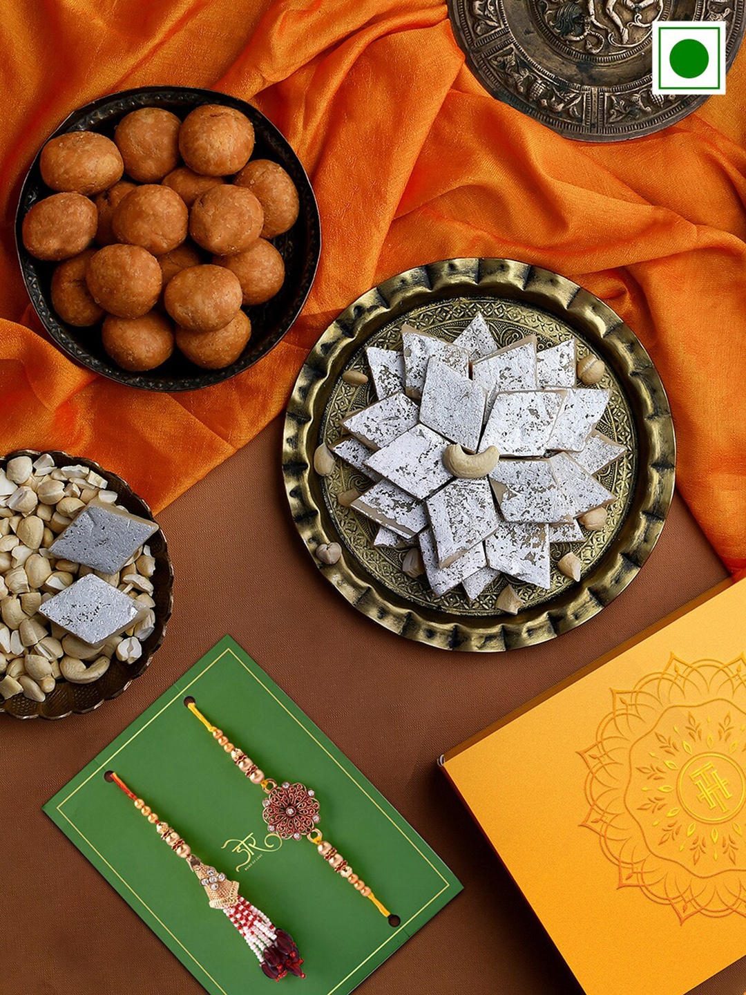 

RawFruit Set Of 2 Studded Stones And Beaded Rakhi With Sweets Savoury Gift Set, Purple