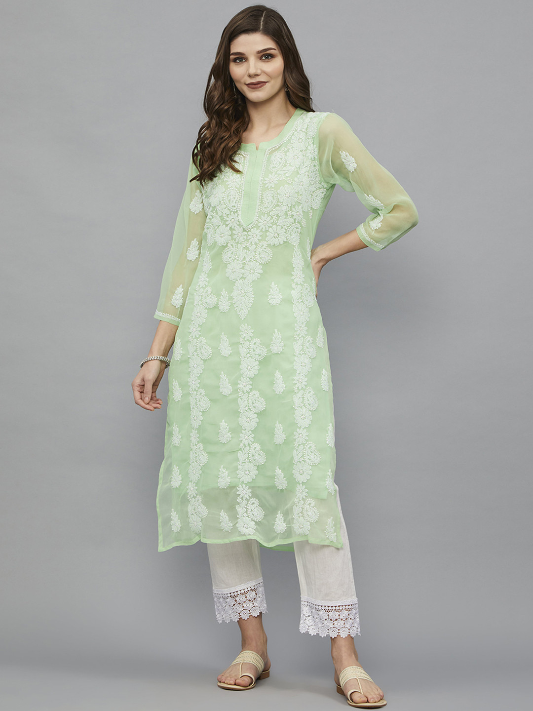 

Ethnava Ethnic Motifs Embroidered Georgette Straight Kurta, Sea green