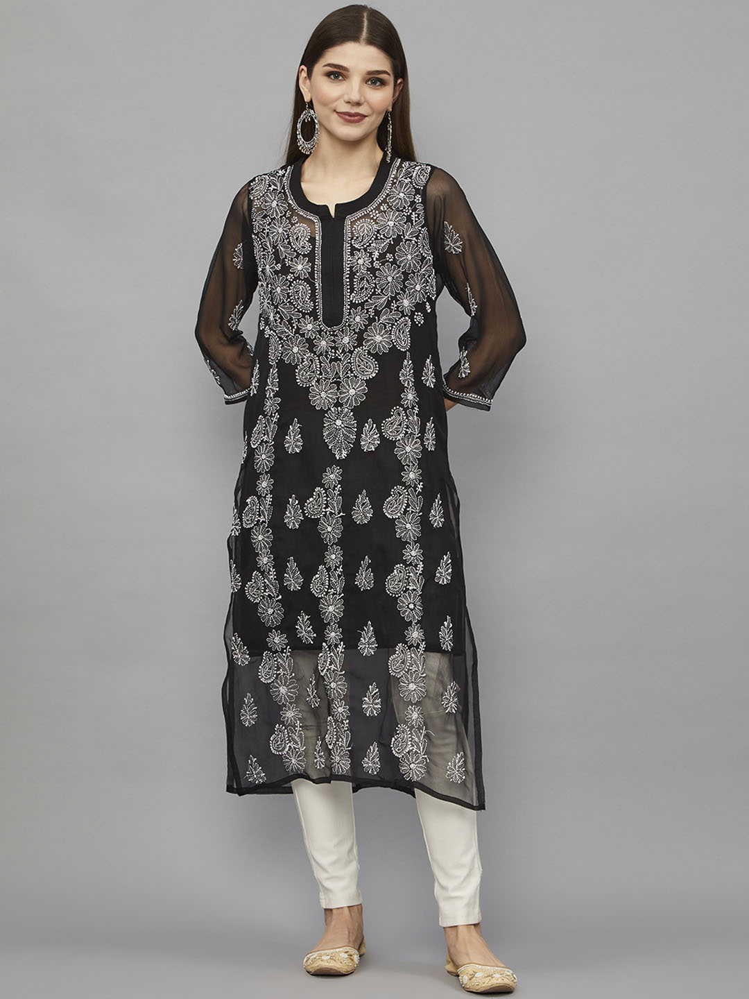 

Ethnava Ethnic Motifs Embroidered Georgette Straight Kurta, Black
