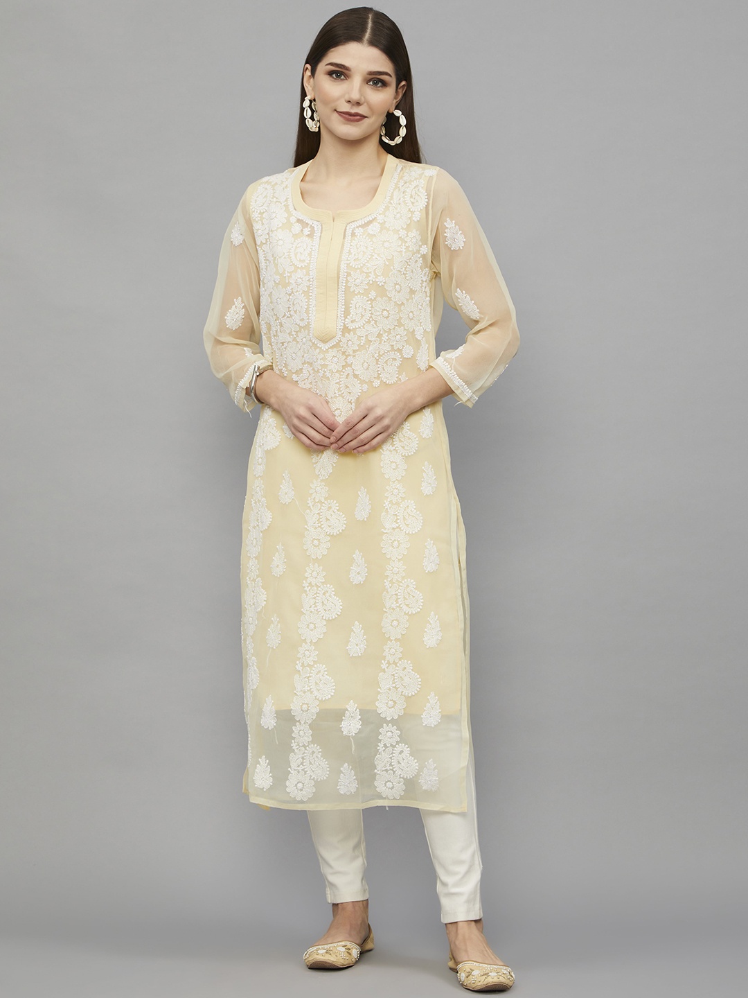

Ethnava Ethnic Motifs Embroidered Georgette Straight Kurta, Beige