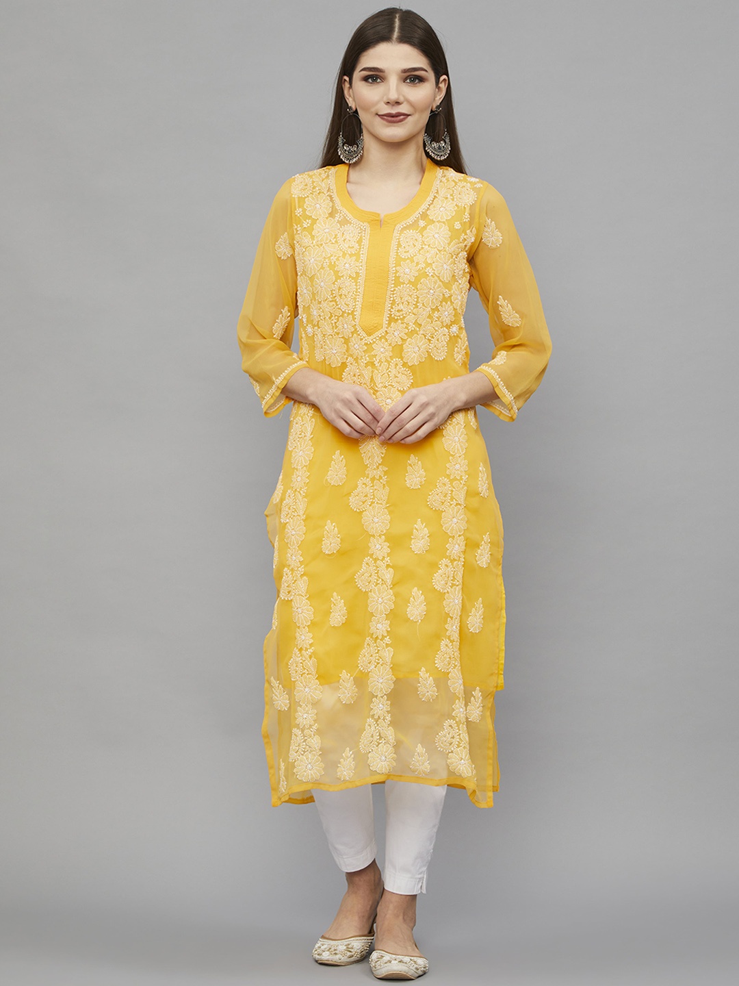 

Ethnava Ethnic Motifs Embroidered Georgette Straight Kurta, Yellow