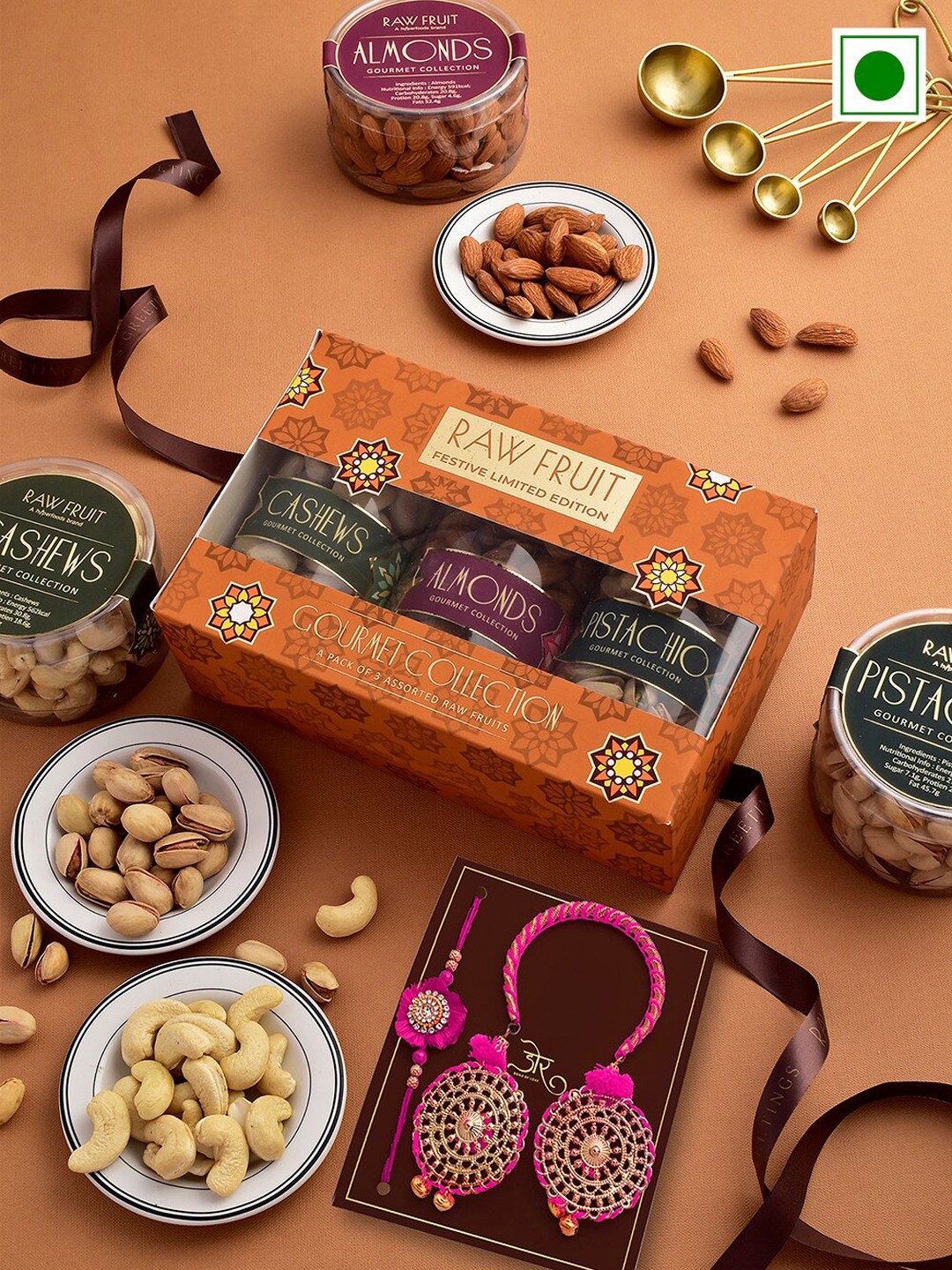 

RawFruit Set Of 2 Stone Studded Bhai Bhabhi Rakhis & DryFruits Gift Set, Gold